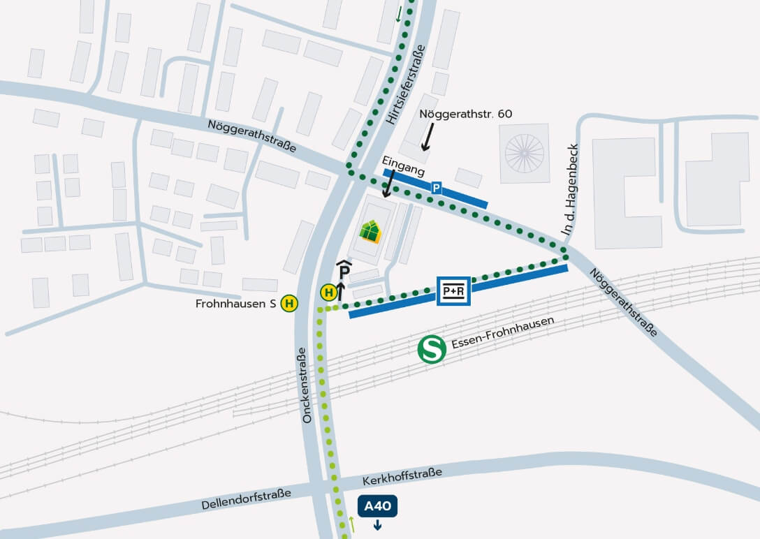 Anfahrt zur Geschäftsstelle von Essen-Nord | Eingang über die Nöggerathstraße 60 nördlich der Geschäftsstelle, P+R auf der südlichen Seite am S-Bahnhof Essen-Frohnhausen, Bushaltestelle "Frohnhausen S" südwestlich der Geschäftsstelle auf der Onkenstraße..